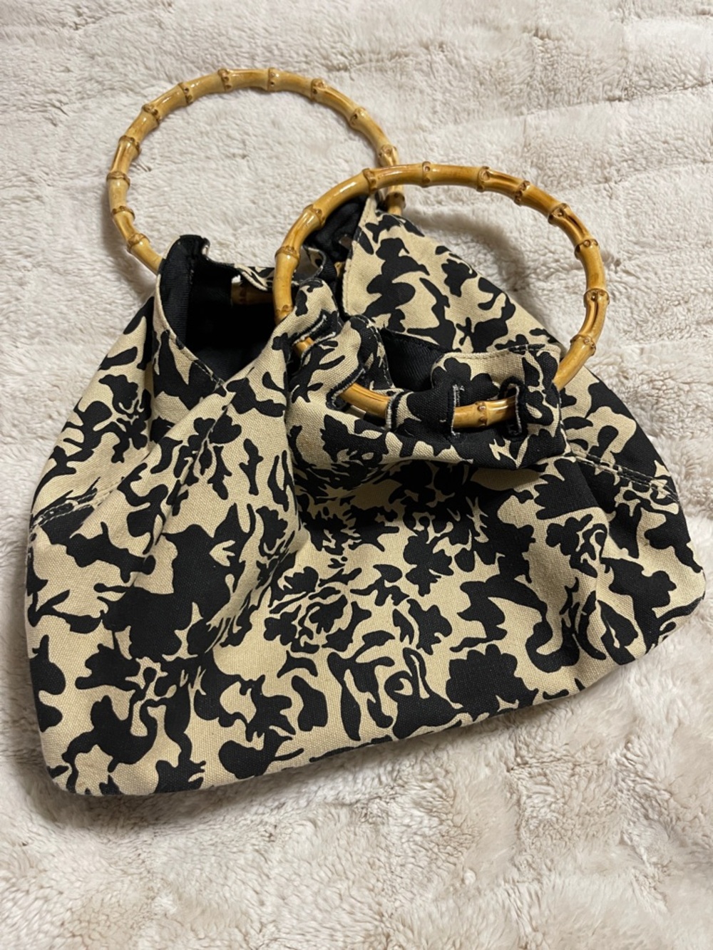 Black and Cream Floral Bamboo-Handle Shoulder Bag